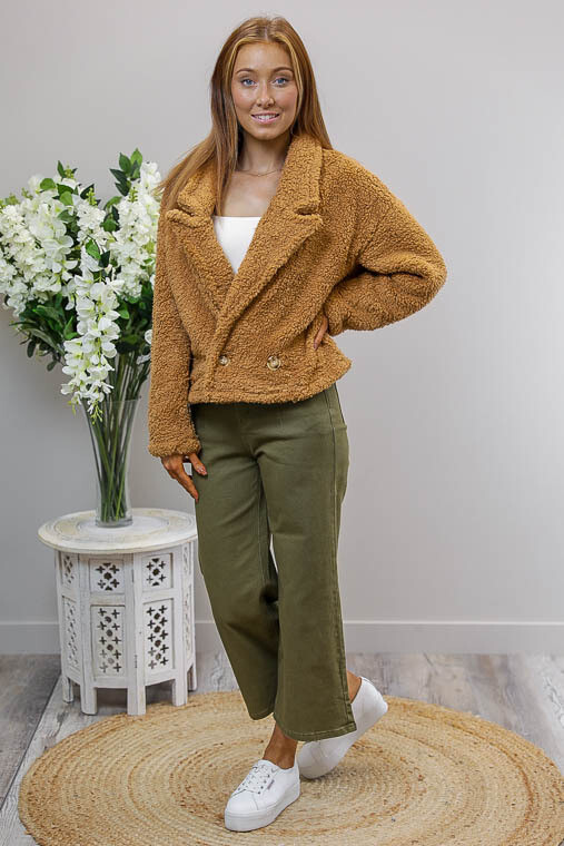 Dobby Double Breasted Crop Jacket - Tan