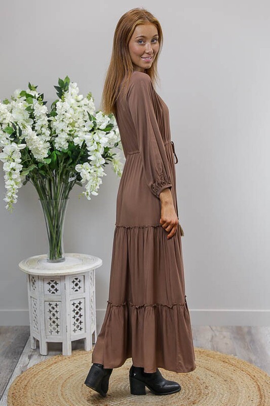 Kimba L/S Frill Maxi Dress - Hot Chocolate