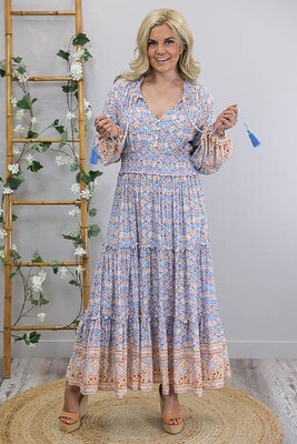 Clarice Shirred L/S Maxi Dress - Blue/Tan Fleur Clarice Shirred L/S Maxi Dress - Blue/Tan Fleur