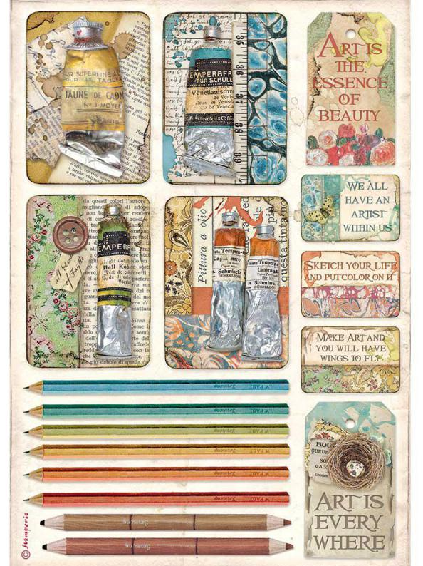 Tubes of Paints and Pencils A4 Rice Paper - Atelier Des Arts Collection - Stamperia Tubes of Paints and Pencils A4 Rice Paper - Atelier Des Arts Collection - Stamperia