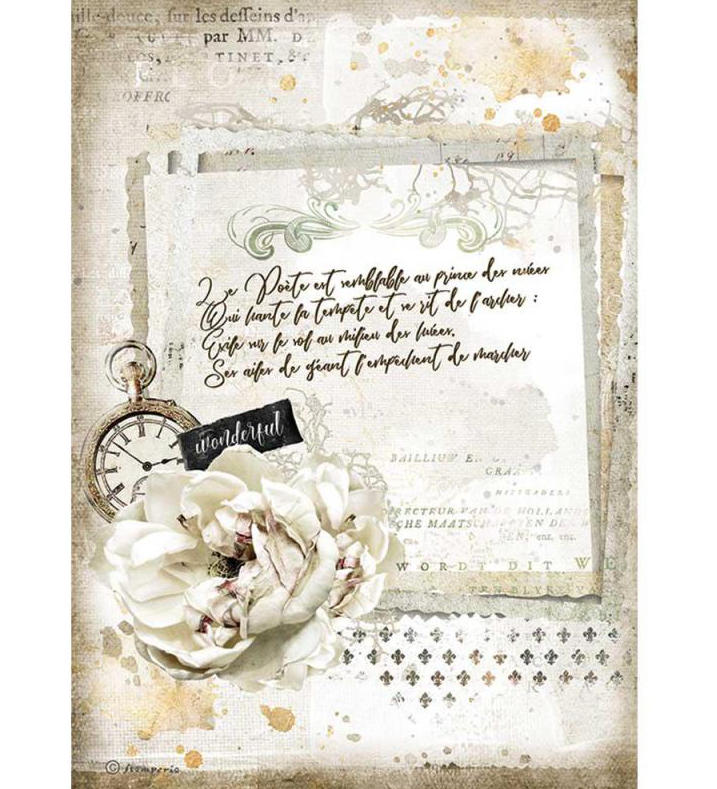 Manuscript and Clock A4 Rice Paper - Romantic Journal Collection - Stamperia Manuscript and Clock A4 Rice Paper - Romantic Journal Collection - Stamperia