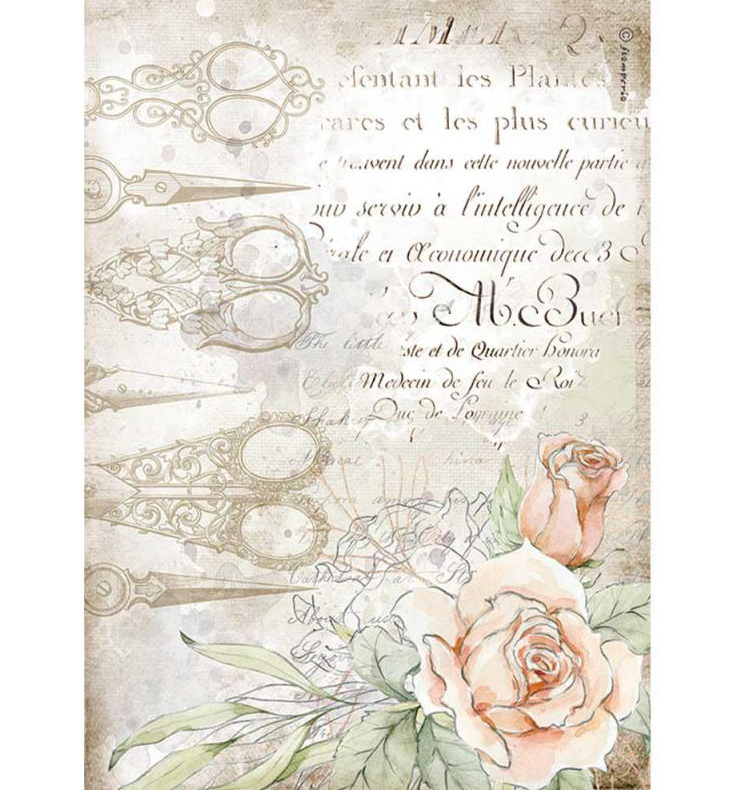 Scissors and Roses A4 Rice Paper - Romantic Threads Collection - Stamperia Scissors and Roses A4 Rice Paper - Romantic Threads Collection - Stamperia