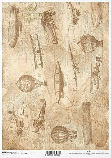 Map in Sepia, Planes, Balloons Rice Paper- ITD Collection