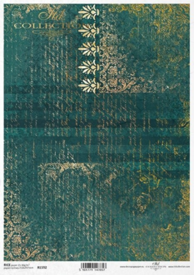Decors, Ornaments, Old Writing, Green-Turquoise-Gold Colors, Golden Abrasions Rice Paper - ITD Collection