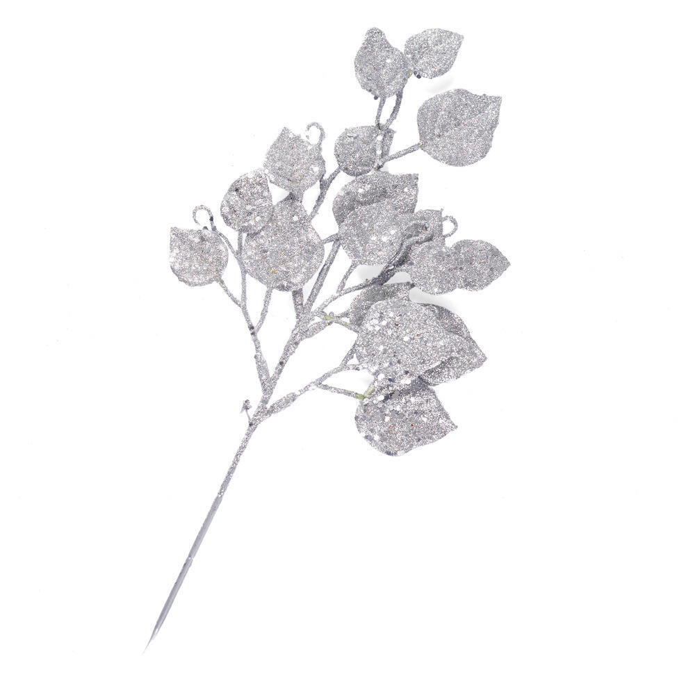 Silver Glittered Ficus Leaves Pick
