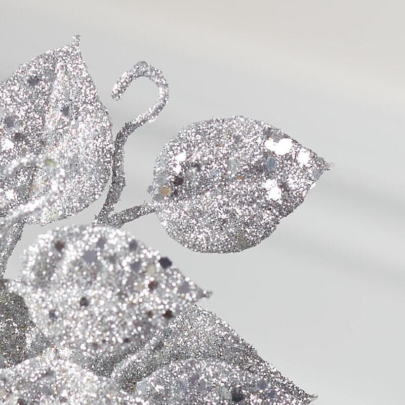 Silver Glittered Ficus Leaves Pick