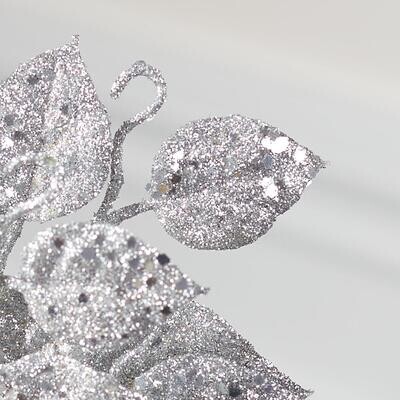 Silver Glittered Ficus Leaves Pick