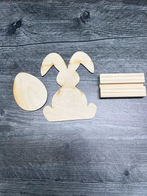 Unfinished Floppy Eared Bunny and Egg Cutouts with Stand
