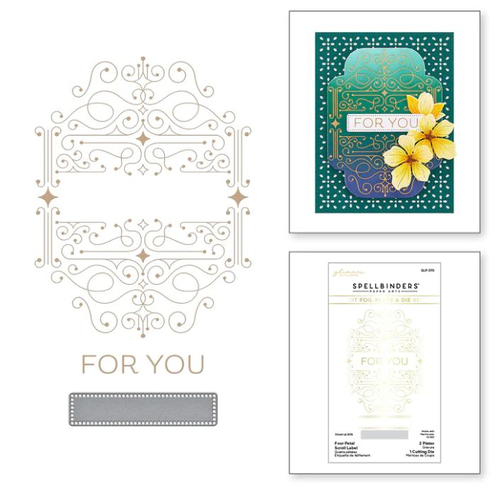 Four Petal Scroll Label Glimmer Hot Foil Plate And Die - Spellbinders