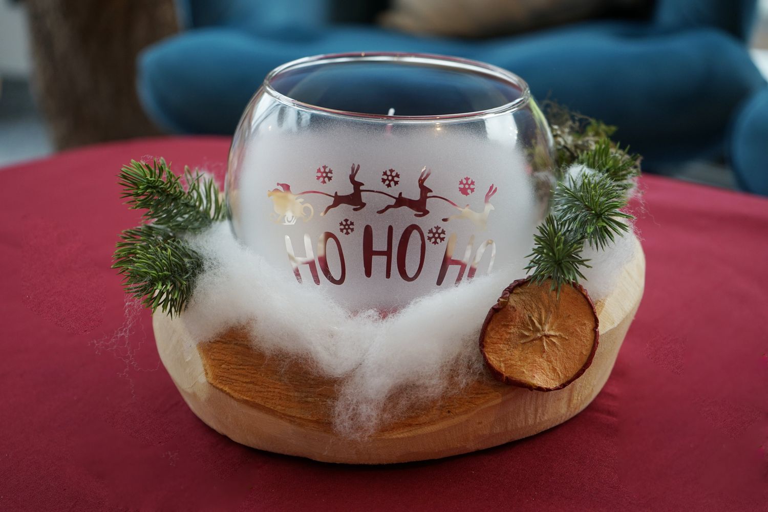 Windlicht in Holzschale ,,Hohoho,,