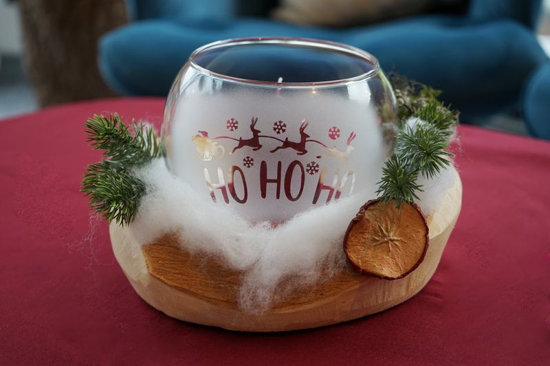 Windlicht in Holzschale ,,Hohoho,,