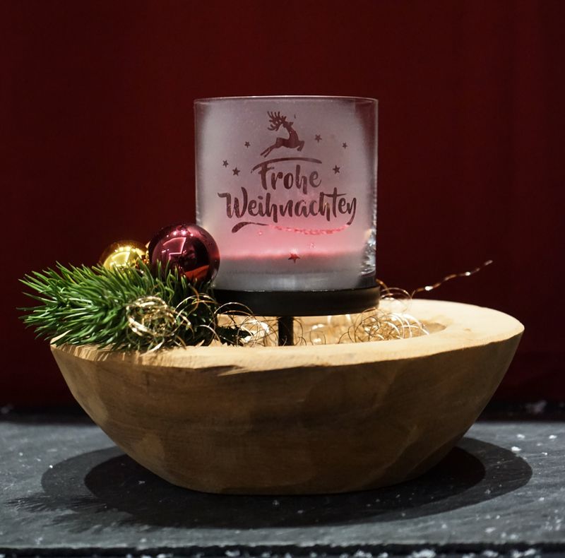 Teelichtglas in Teakholzschale ,,Frohe Weihnachten,,