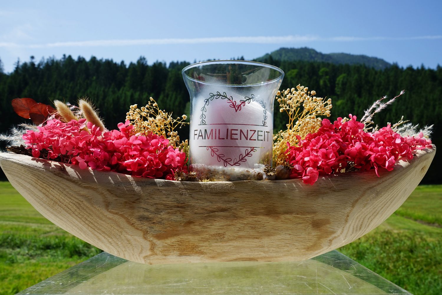 Windlicht ,,Familie,, in Holzschale