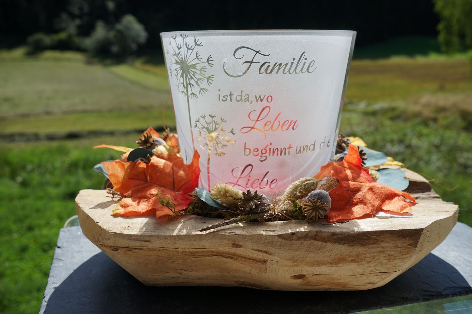 Windlicht ,,Familie,, in Teakholzschale