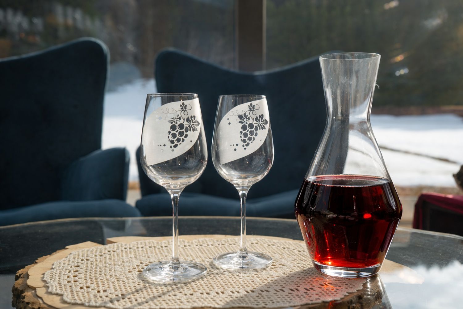 Weindekanter mit zwei Weingläser