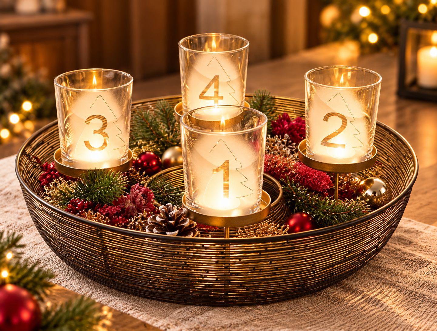 Adventskranz mit Goldmetallkorb