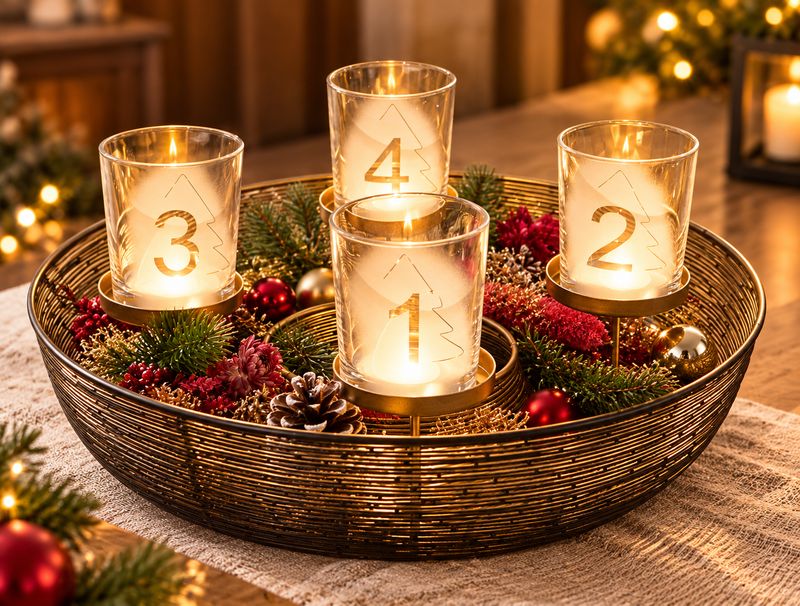 Adventskranz mit Goldmetallkorb
