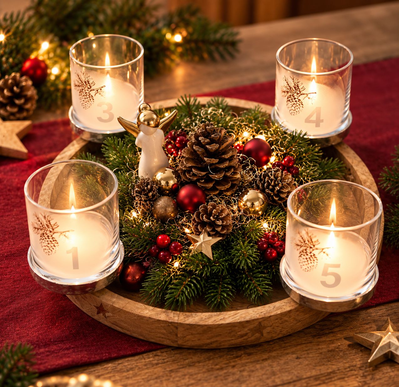 Adventskranz mit Holztablett
