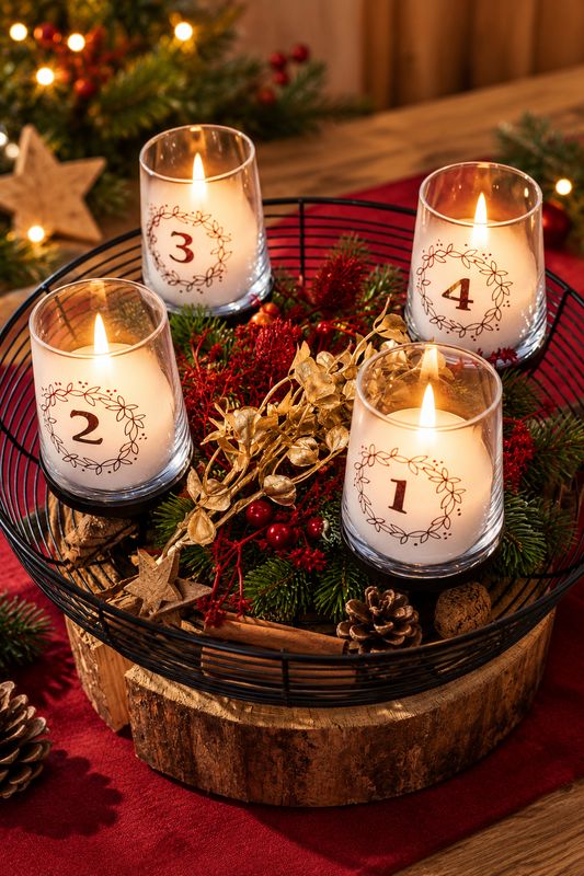 Adventskranz im schwarzen Metallkorb