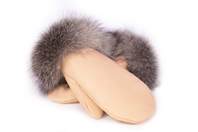 Deerskin Leather Mitts With Silver Fox Fur Trim