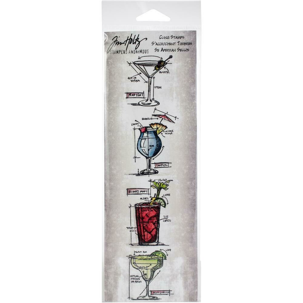 Tim Holtz Mini Blueprints Strip Cling Stamps 3&quot;X10&quot; Cocktails