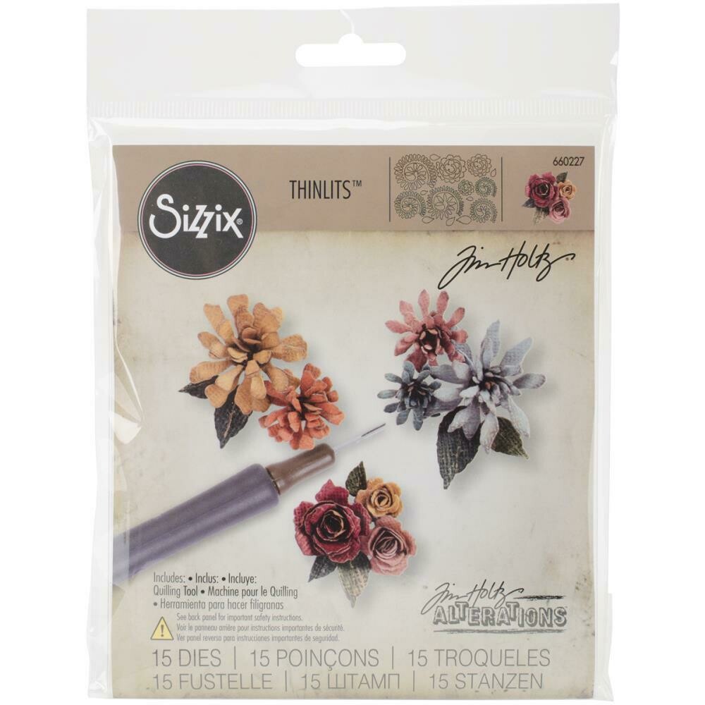 Tim Holtz Sizzix Thinlits Dies Tiny Tattered Florals 15/pkg includes Quilling Tool