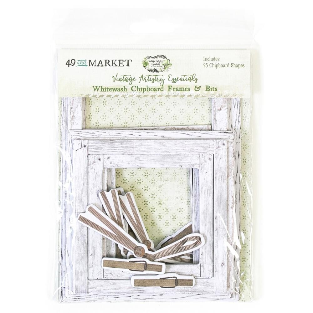 49 and Market Vintage Artistry Essentials Whitewash Chipboard Frames and Bits 25/pkg