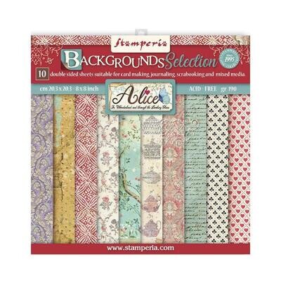 Stamperia Alice - 8x8 double sided paper  Through the Looking Glass Backgrounds 10/pkg