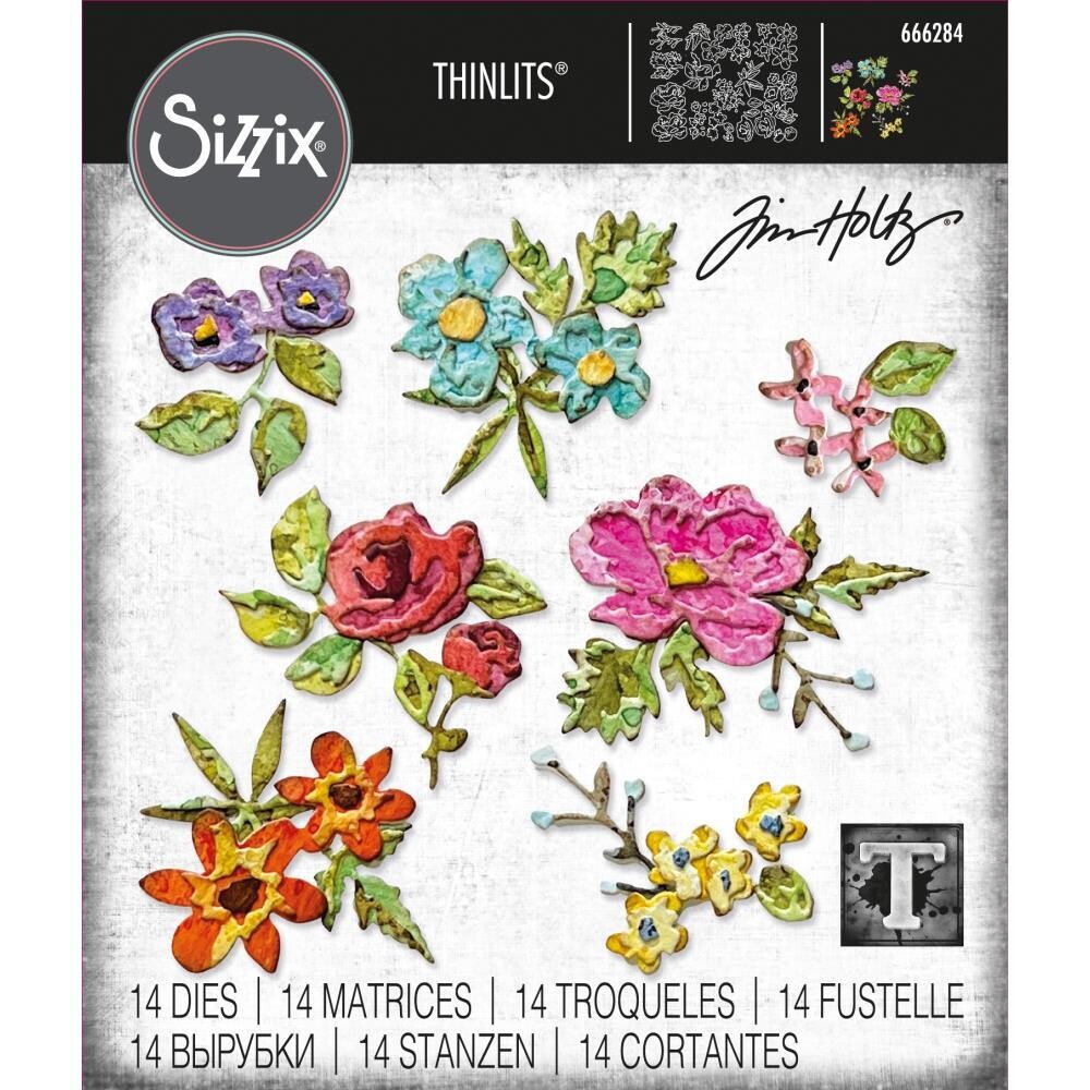 Tim Holtz Sizzix Thinlits Die Brushstroke Flowers Mini 14/pkg