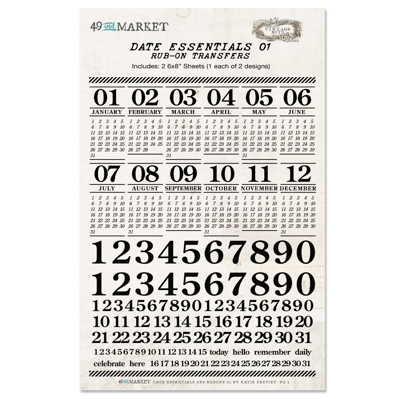 49 and Market Vintage Bits Rub-on Transfers - Date Essentials 01