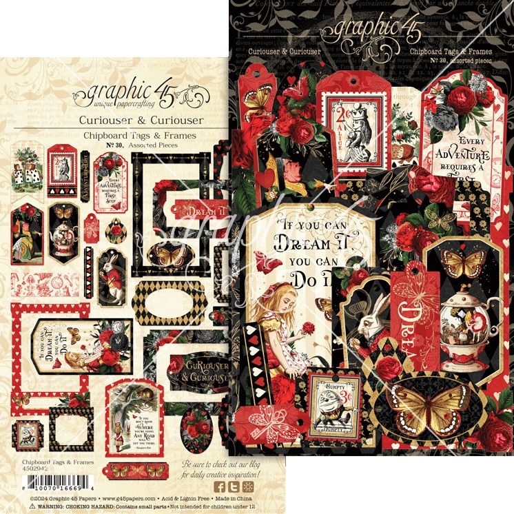 Graphic 45 Curiouser &amp; Curiouser Collection Die-Cut Assortment Tags &amp; Frames