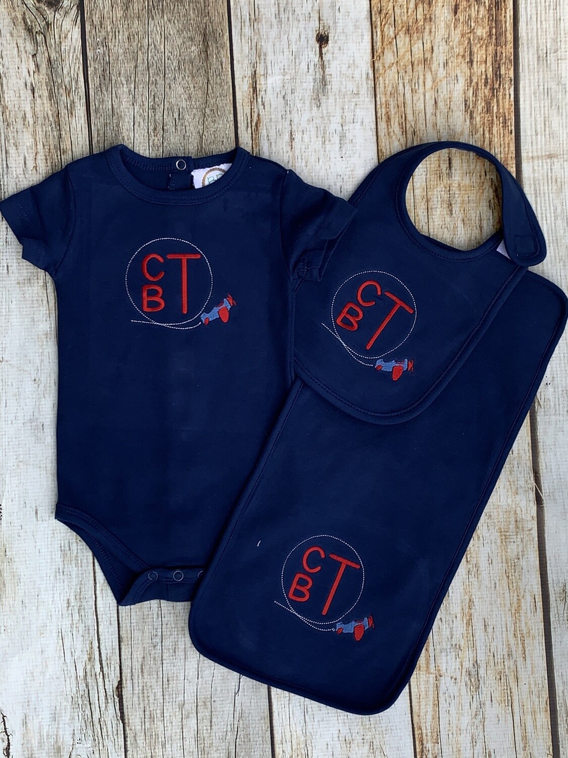 Navy Airplane Set with Red Monogram
