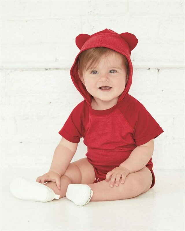 Fine Jersey Infant Short Sleeve Raglan Bodysuit with Hood &amp; Ears