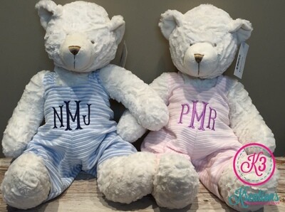 White Plush Teddy Bear with Blue or Pink Overalls