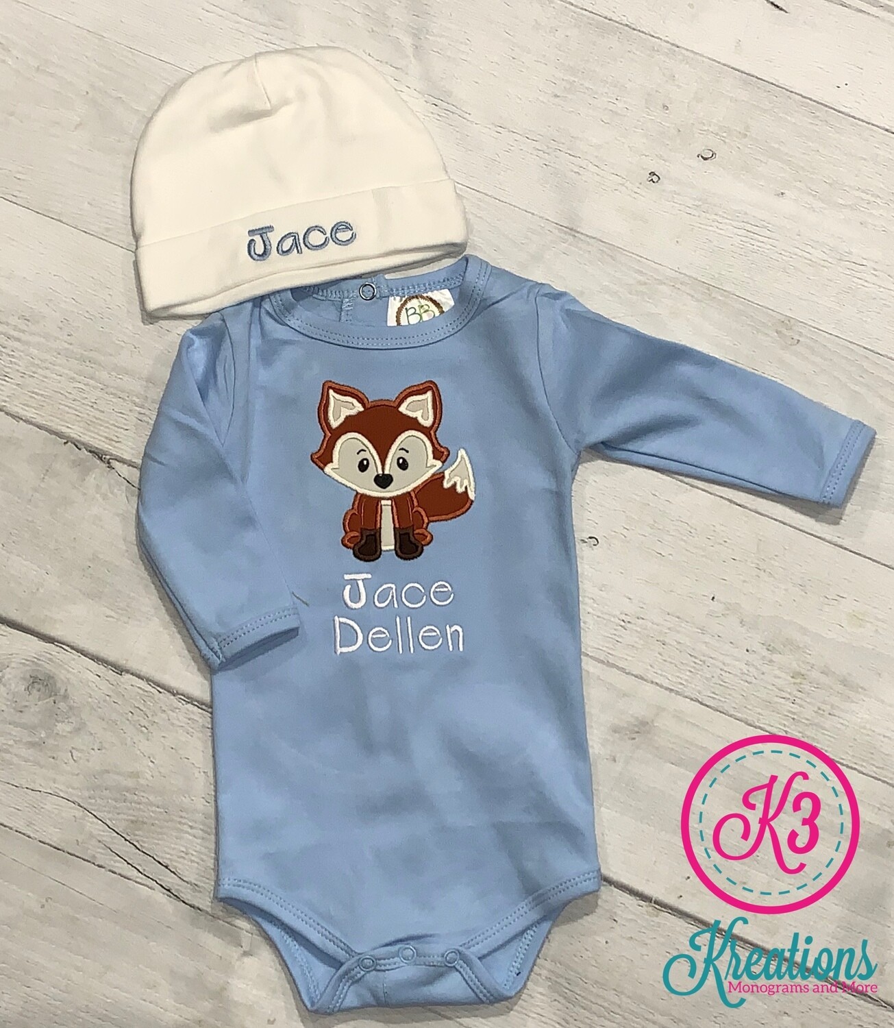 Baby Boy Light Blue Fox Onesie with Hat