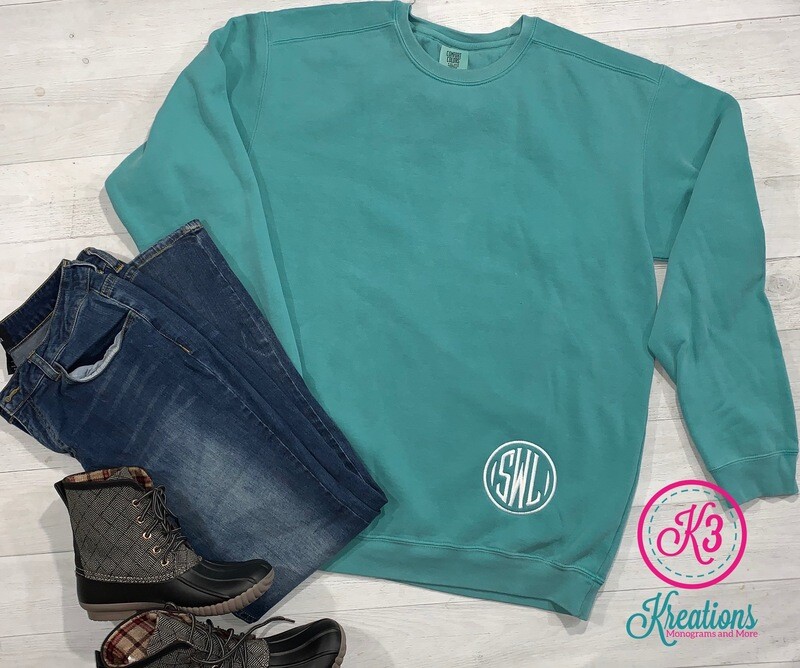 Adult Left Hip or Left Chest Monogrammed Comfort Color Crewneck Sweatshirt