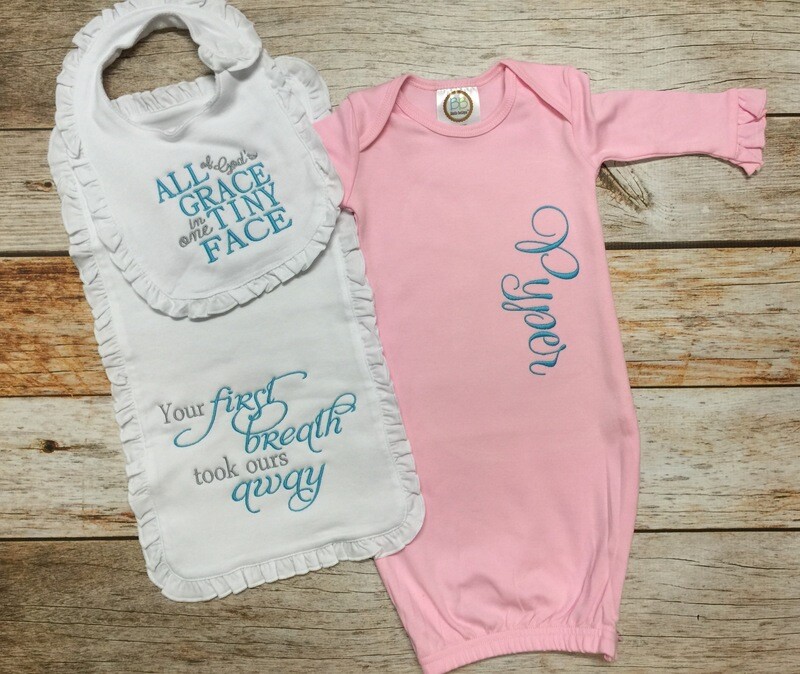 Pink Gown with Ruffle Bib &amp; Burp Cloth Set
