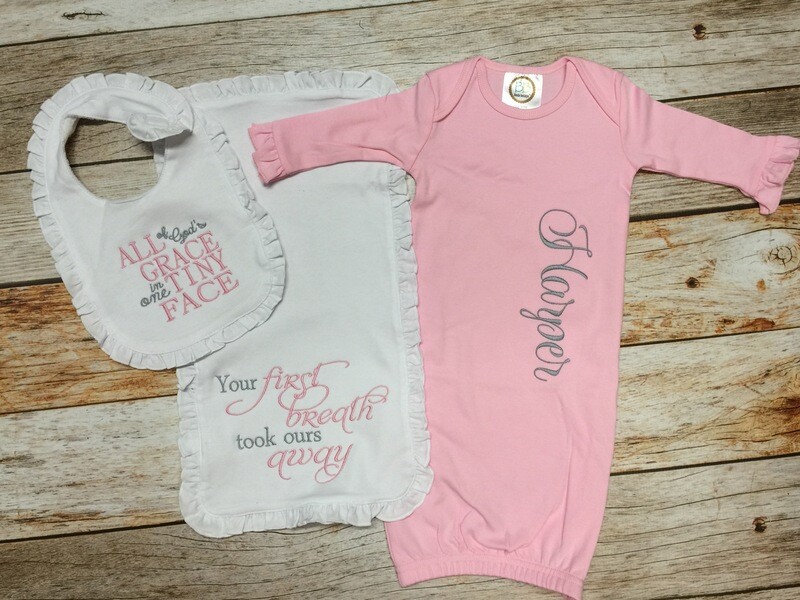 Pink Gown with Ruffle Bib &amp; Burp Cloth Set