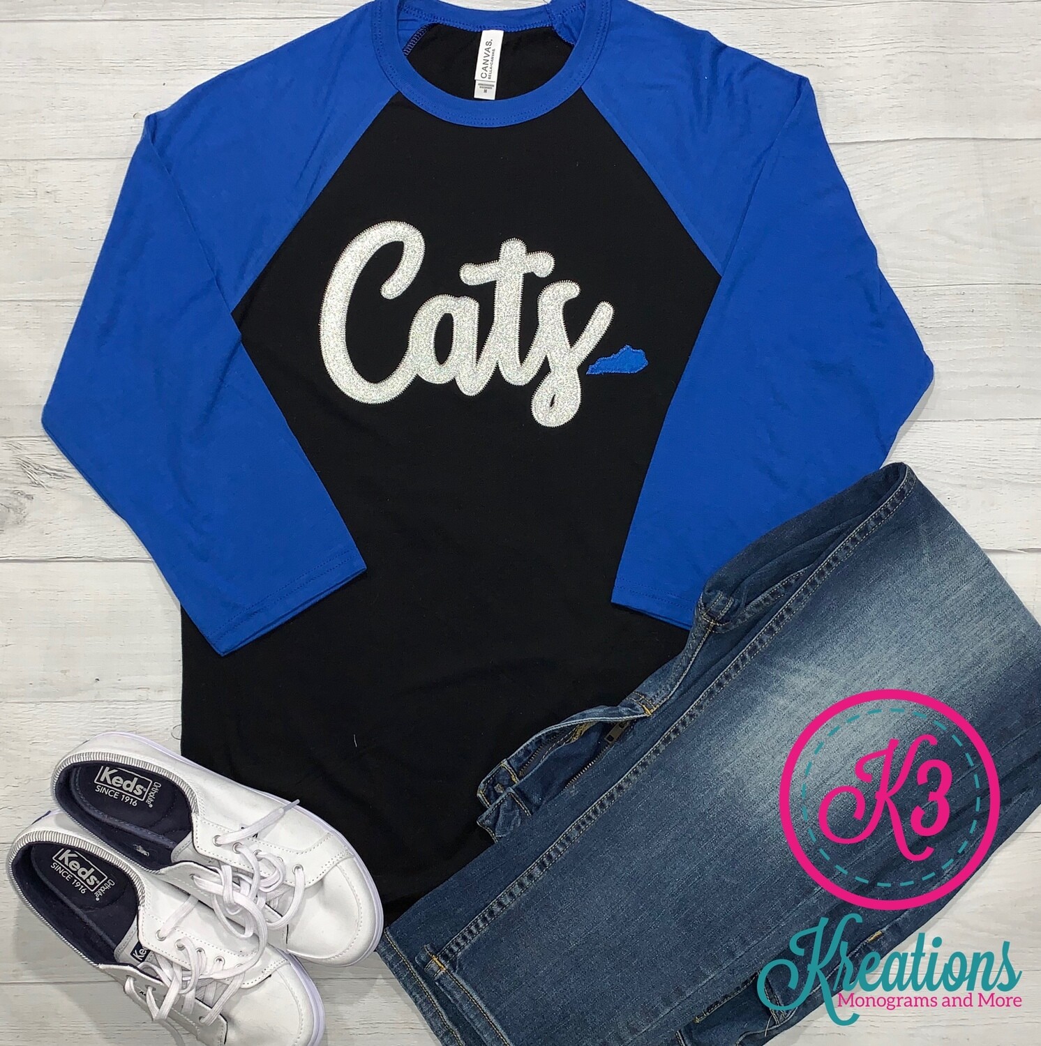 Cats Silver Script Baseball T-Shirt