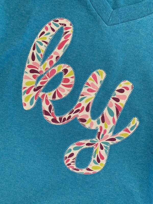 Adult Ky Script Petal V-Neck Sapphire Short Sleeve Tee