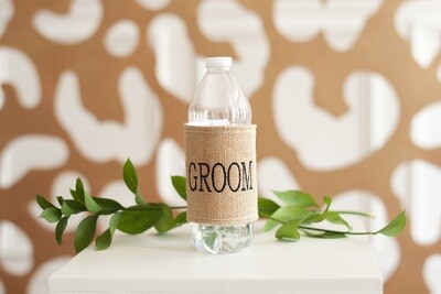 Burlap Drink Wrap Embroidered Groom In Black Thread