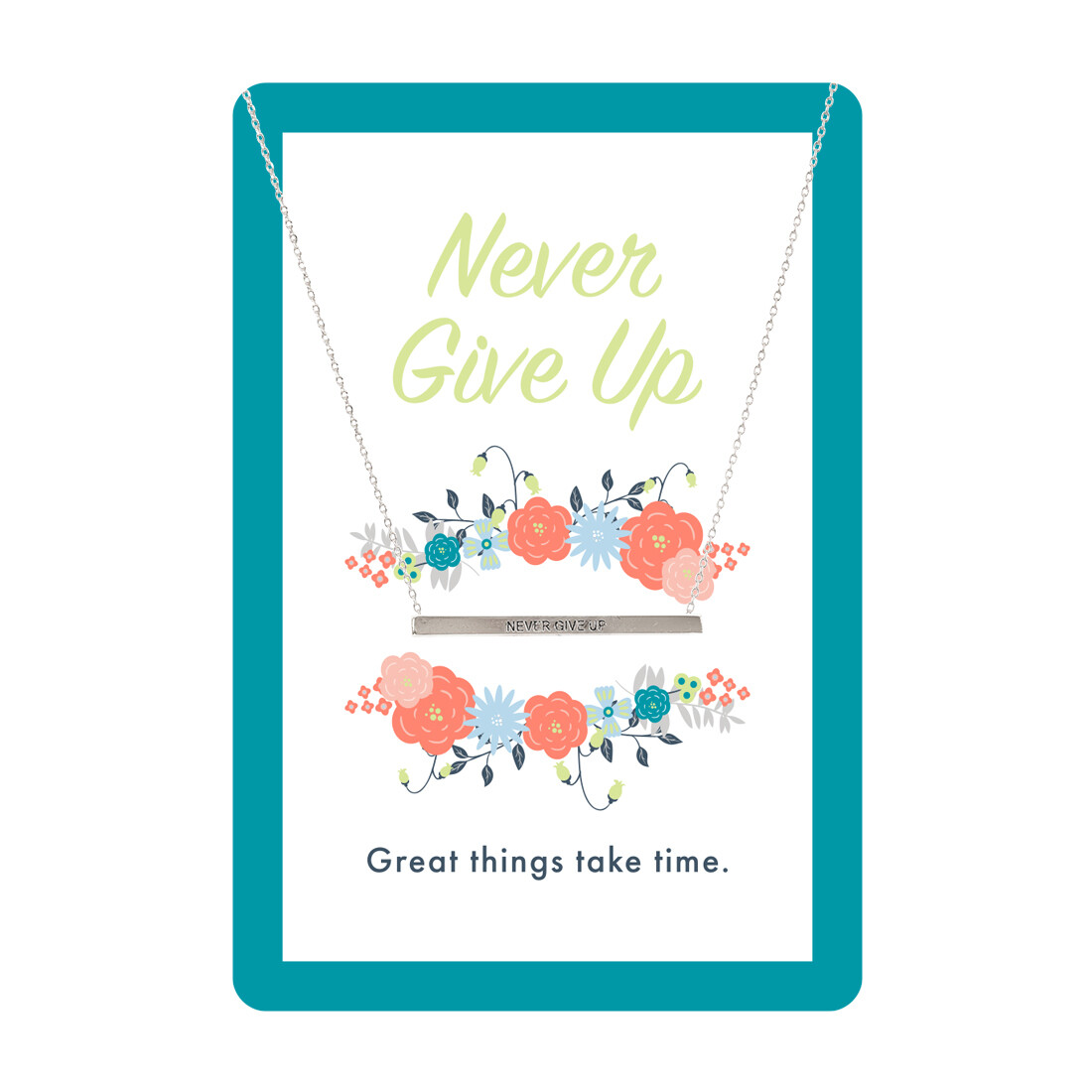 Silver Never Give Up Bar Necklace Card