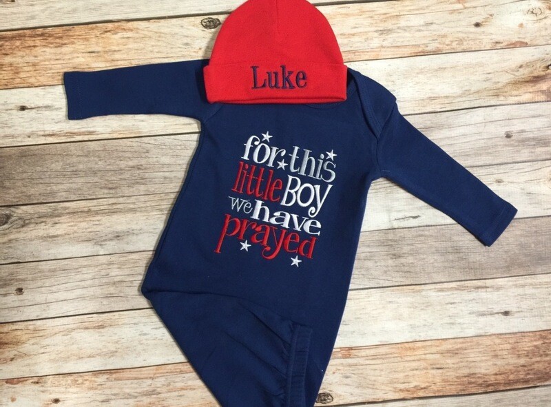For This Little Boy We Have Prayed Navy Blue Gown &amp; Red Hat