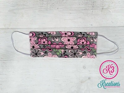 Grey Pink Floral Cotton Fabric Face Mask