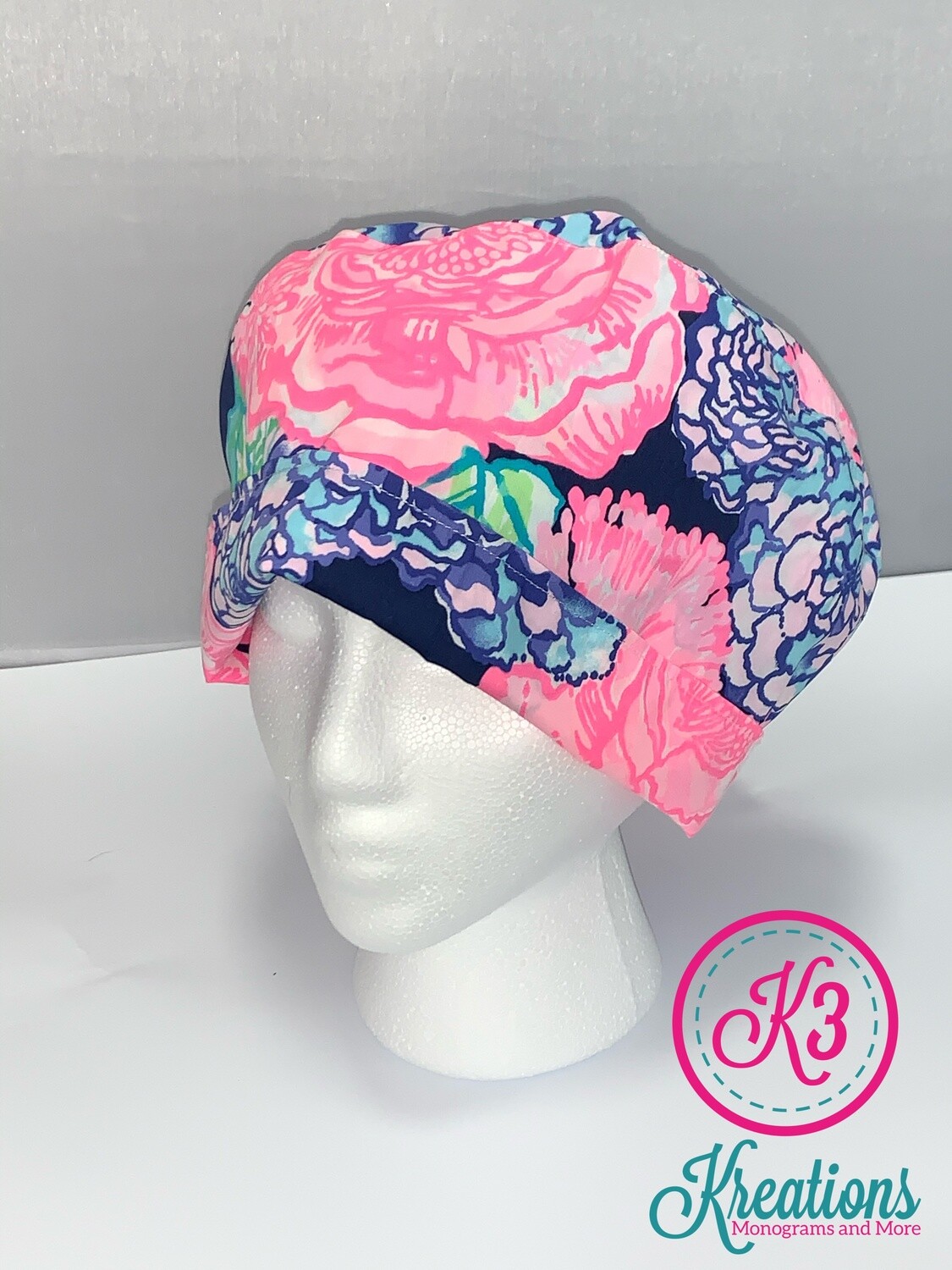 Navy & Pink Floral Lilly Print Cotton Fabric Scrub Cap
