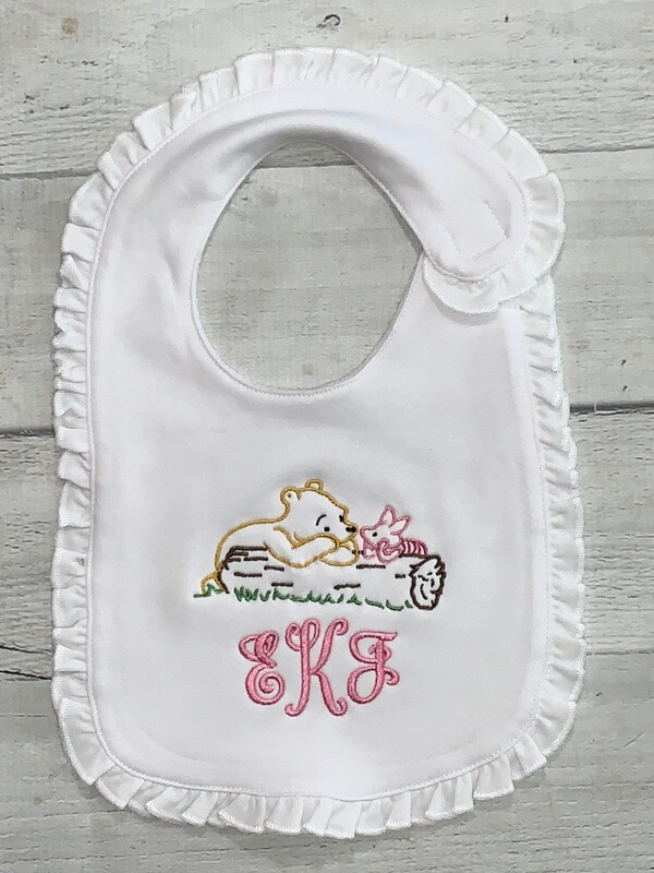 Monogrammed Winnie the Pooh &amp; Piglet White Ruffle Bib