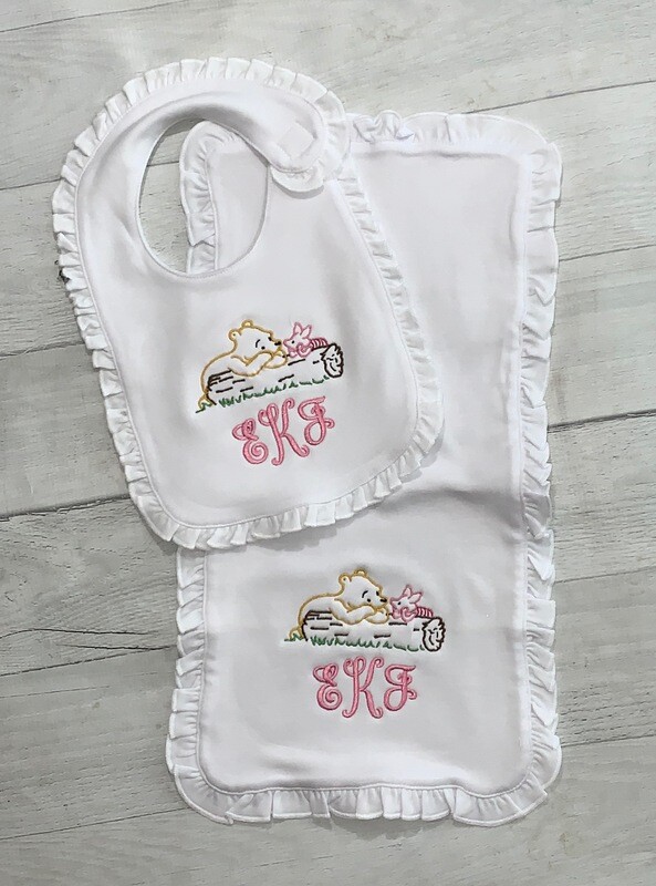Monogrammed Winnie the Pooh &amp; Piglet White Ruffle Bib and Burp Cloth Set