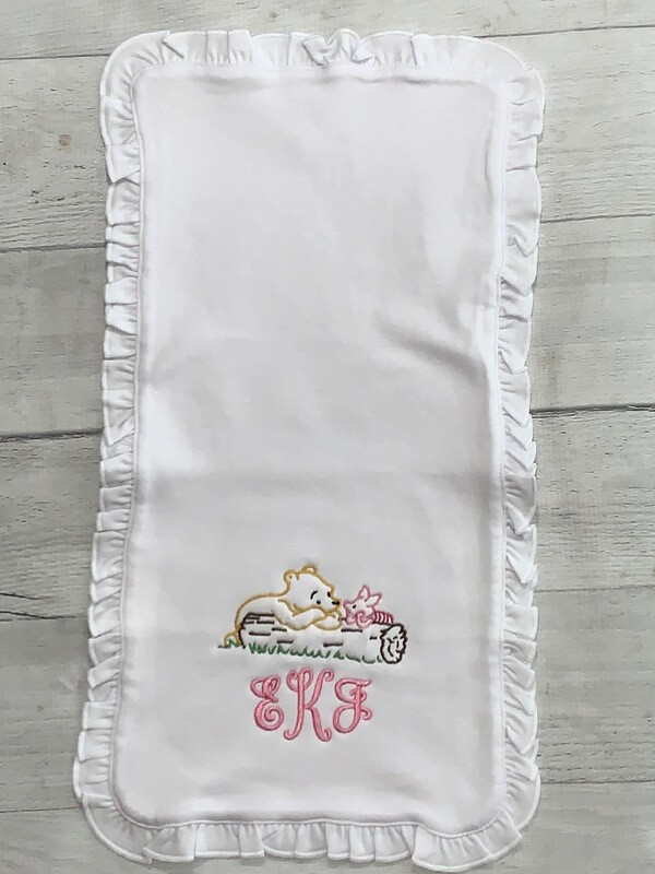 Monogrammed Winnie the Pooh &amp; Piglet White Ruffle Burp Cloth