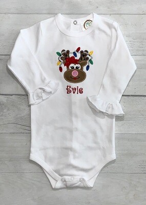 Personalized Baby Girl Christmas Reindeer Long Sleeved White Onesie with Ruffle Sleeves