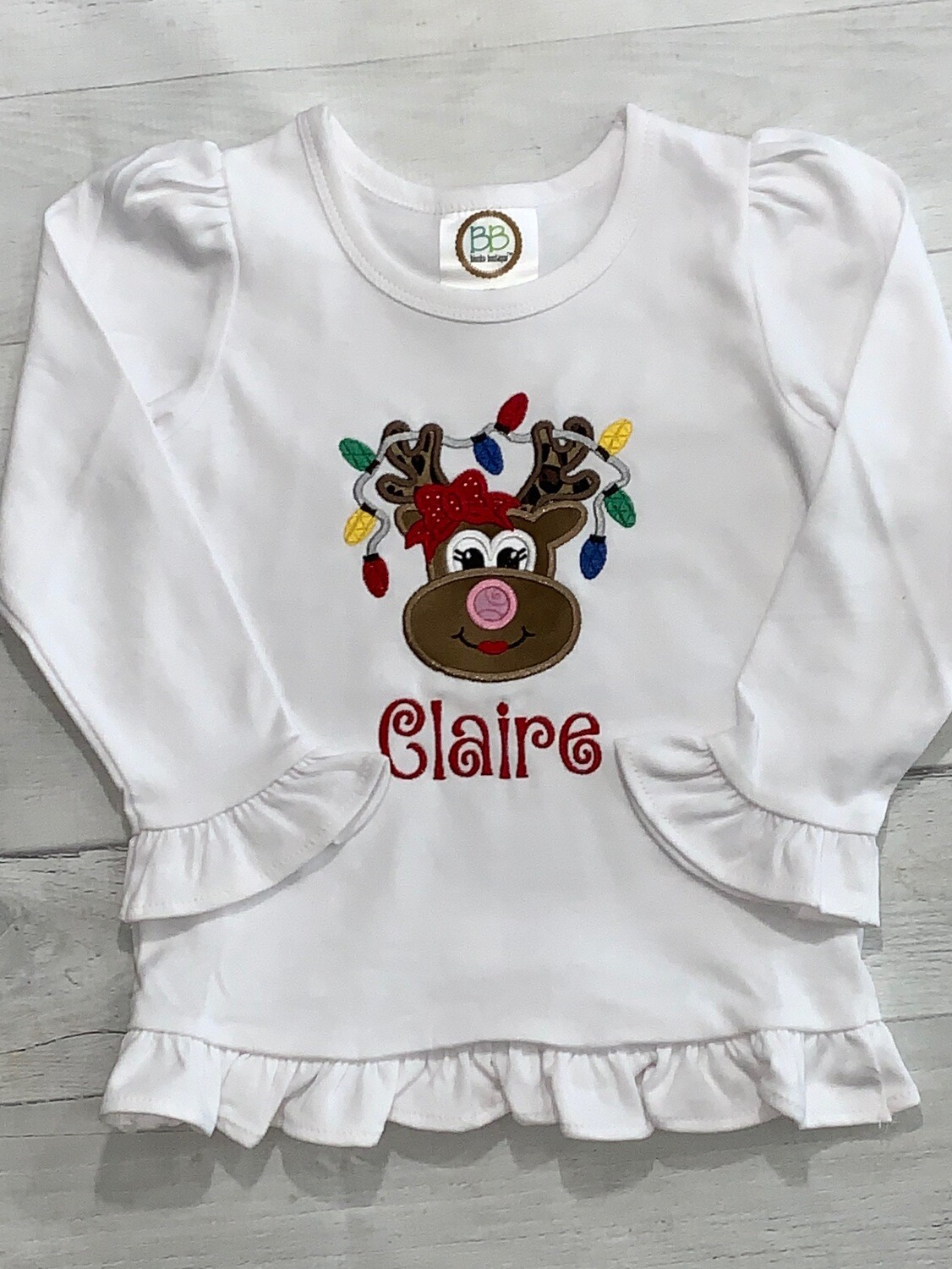 Personalized Girl Christmas Reindeer Long Sleeved White Tee with Ruffle Sleeves